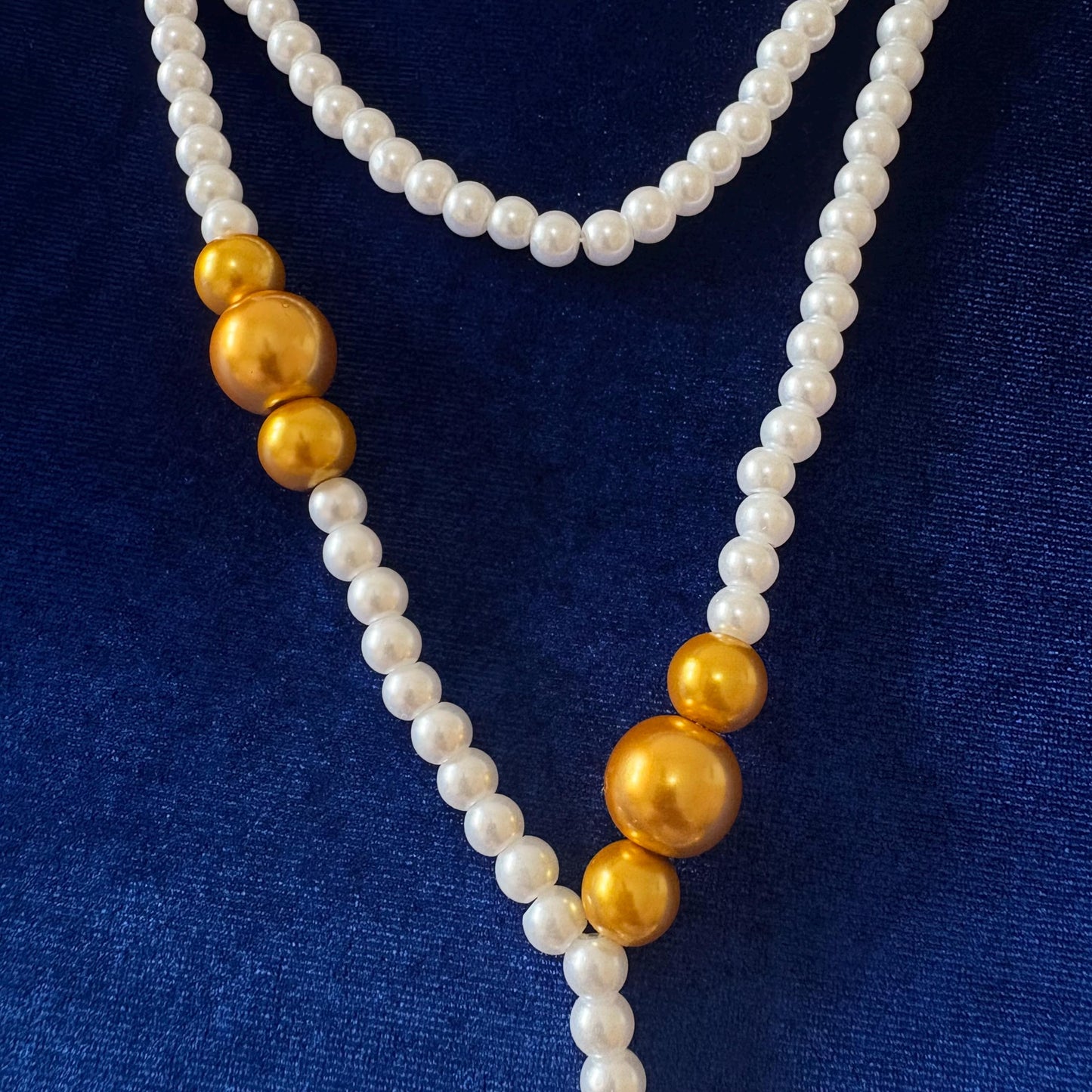 Gold Detailed White Glass Pearl Necklace 2 Strand with Classic Vintage Style
