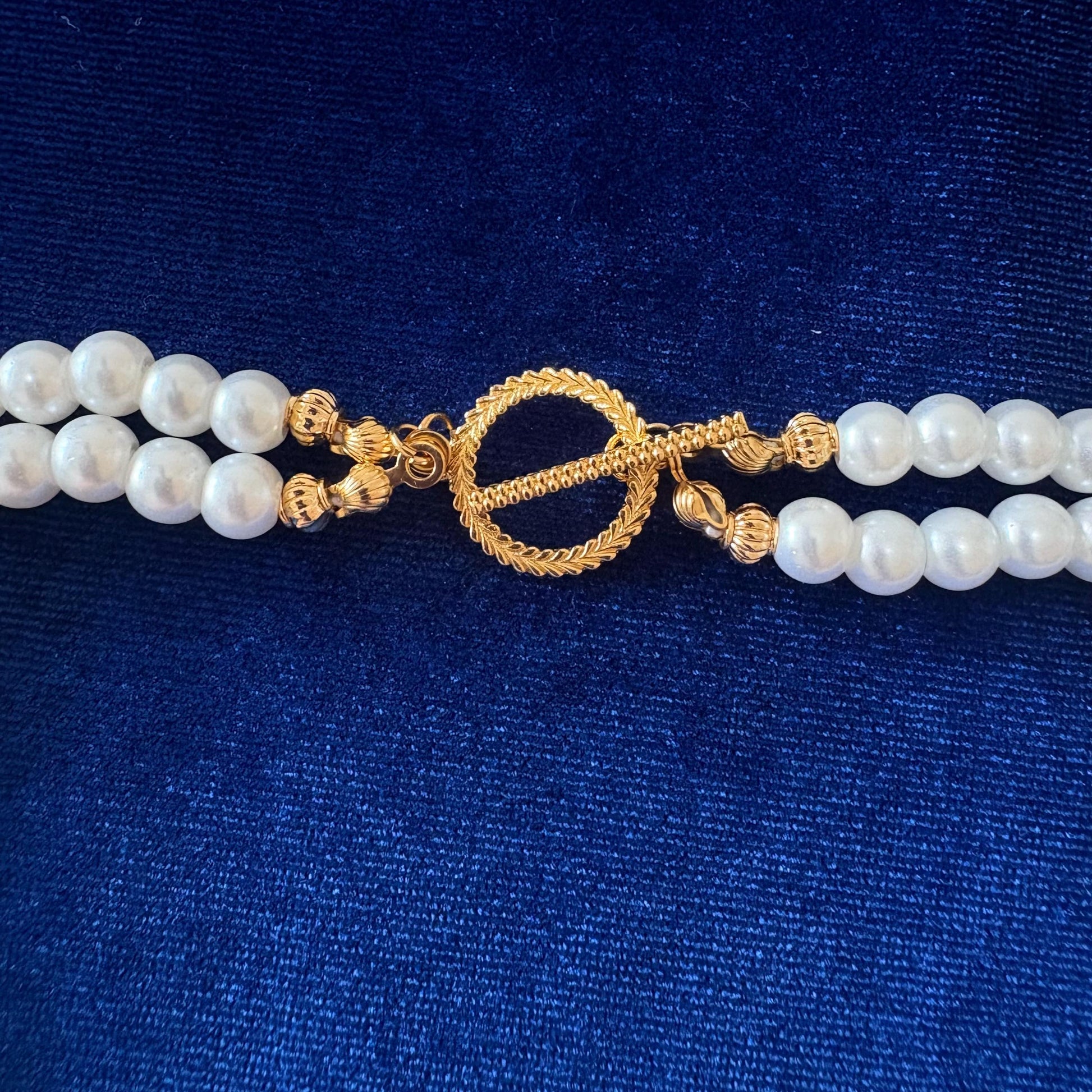 Gold Detailed White Glass Pearl Necklace 2 Strand with Classic Vintage Style