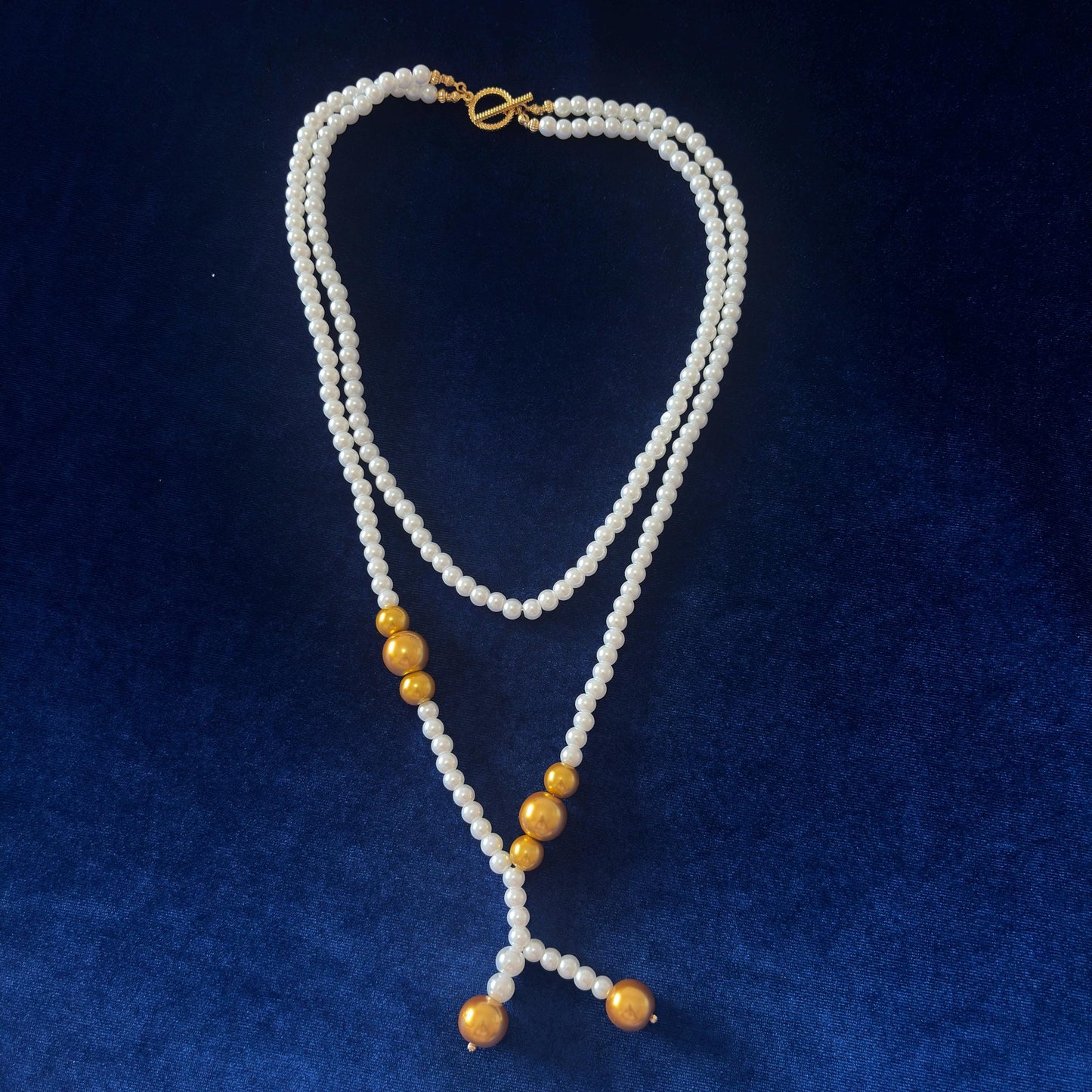 Gold Detailed White Glass Pearl Necklace 2 Strand with Classic Vintage Style