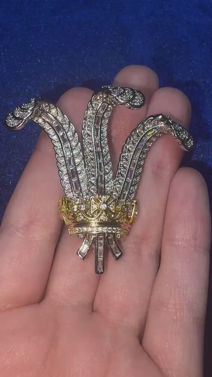 Prince of Wales Feather Brooch Duchess of Windsor Gold & Silver Royal Jewelry Full CZ Diamond Cubic Zircon Wedding Style Luxury Bridal Pin