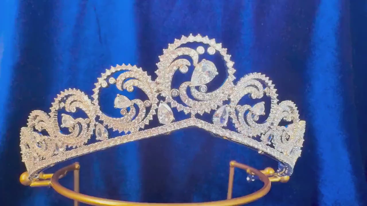 Modern Round Wave Scroll Bridal Tiara Cubic Zirconia American Diamond Wedding Crown Jewels Silver Bridal Headpiece Elegant