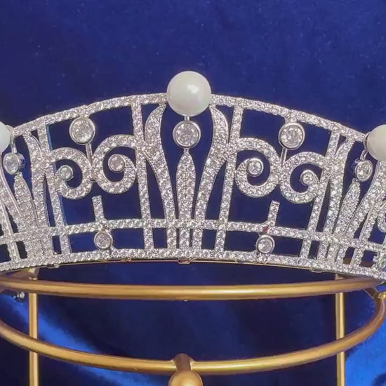 Art Deco Style Wedding Crown Princess Claire Pearl & Diamond Royal Tiara Queen Headpiece Handmade CZ Bridal Diadem Minimalist Regal Vintage