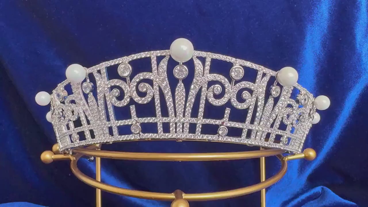Art Deco Style Wedding Crown Princess Claire Pearl & Diamond Royal Tiara Queen Headpiece Handmade CZ Bridal Diadem Minimalist Regal Vintage
