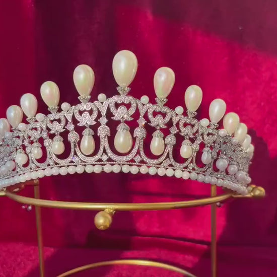 Dangling Drop Pearl Wedding Crown Handmade Sparkling Cubic Zirconia Bridal Tiara Rococo Edwardian Baroque Style Big High Headpiece for Bride