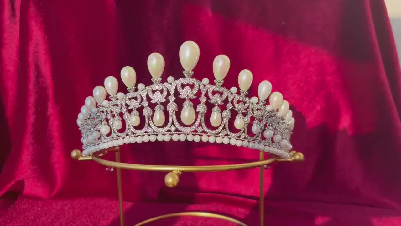 Dangling Drop Pearl Wedding Crown Handmade Sparkling Cubic Zirconia Bridal Tiara Rococo Edwardian Baroque Style Big High Headpiece for Bride