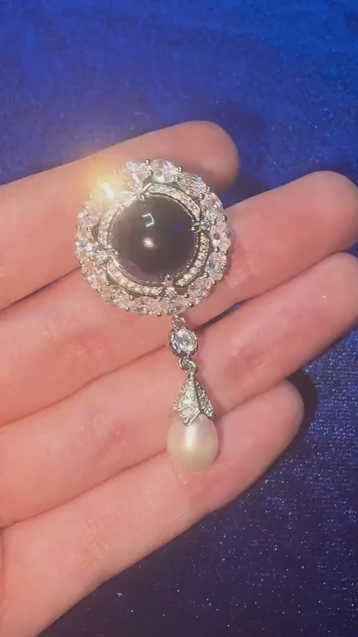 Empress Feodorovna Sapphire Brooch Queen Elizabeth II Cubic Zirconia 14K White Gold P. Freshwater Drop Pearl Blue Pin Diamond Royal Jewelery