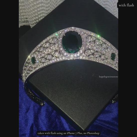 Wedding Crown Ultra-Reflective The Greville Emerald Kokoshnik Princess Eugenie Royal Bridal Tiara Emerald Luxury CZ Diamonds Green Gem