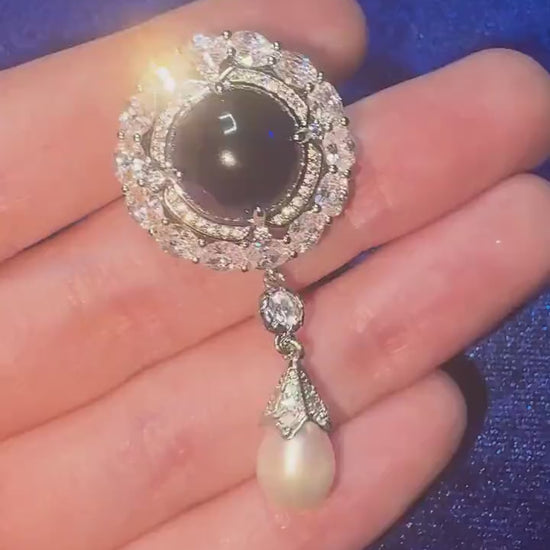 Something Blue Sapphire Brooch Blue Gemstone Victorian Style Cubic Zirconia 14K White Gold P. Freshwater Drop Pearl Blue Diamond Bridal Pin