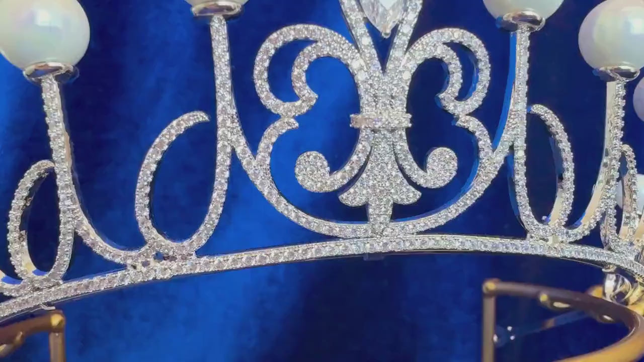 Queen Letizia of Spain Pearl Fleur de Lys Tiara Royal Jewelry Cubic Zirconia Diamond Bridal Wedding Crown Silver Classic Baroque Headpiece