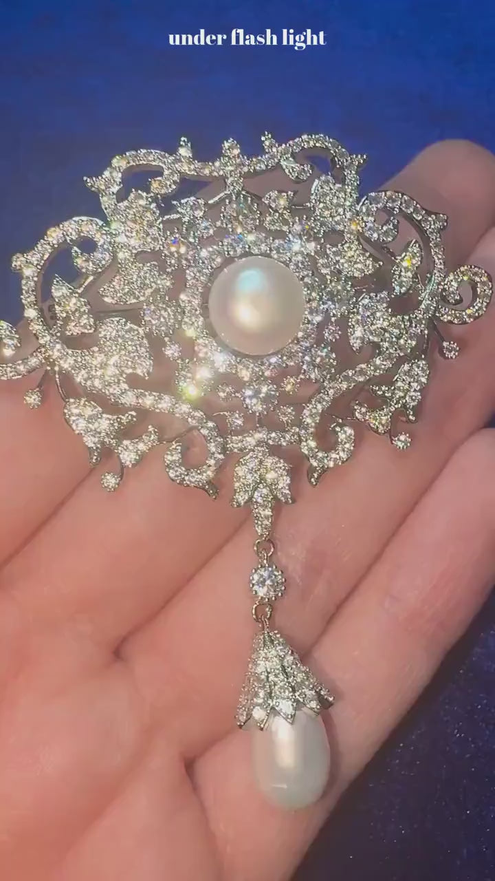 The Richmond Brooch Queen Elizabeth II CZ Cubic Zirconia Freshwater Pearl Stomacher Silver Luxury Handmade Vintage Pin British Royal Jewelry
